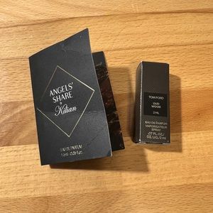 Angels’ Share (1.5mL) and Oud Wood (2mL), sprayed once each